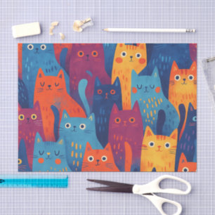 Colorful Cartoon Cat Pattern   Cute Whimsical Cat  Tissue Paper
