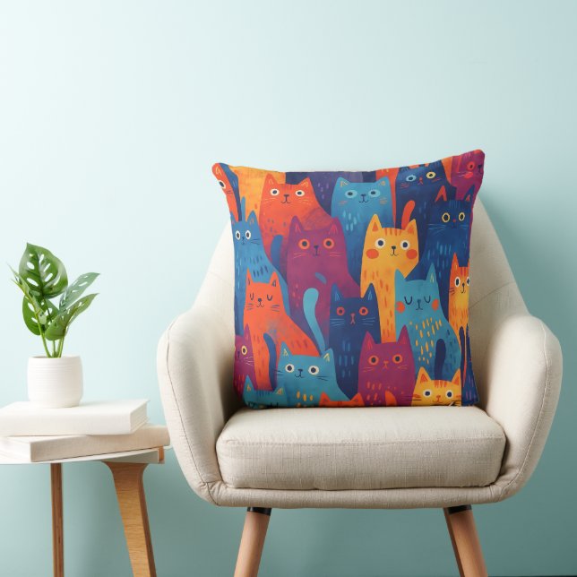 Colorful Cartoon Cat Pattern Throw Pillow | Cute  (Chair)