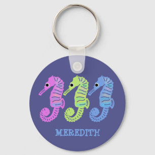 Colorful Cartoon Seashorses Fish Personalized Keychain