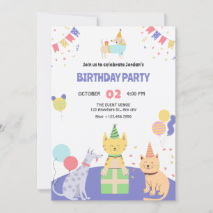 Colorful cat and dog pet birthday party  invitation