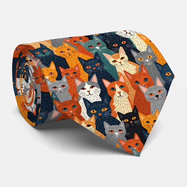 Colorful Cat Crowd Modern Art Pattern Tie (Rolled)