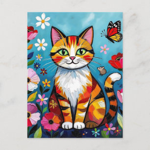 Colorful Cat, Flowers and Butterfly  Postcard
