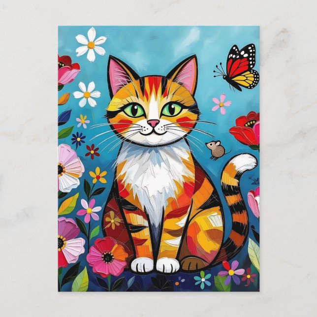Colorful Cat, Flowers and Butterfly  Postcard (Front)