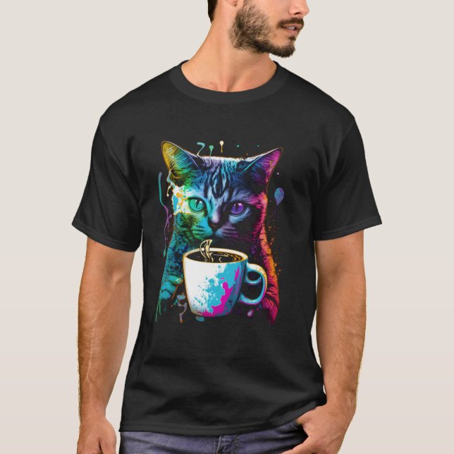 Colorful Cat Gaming Coffee Graphic Tees Men Women  (Front)