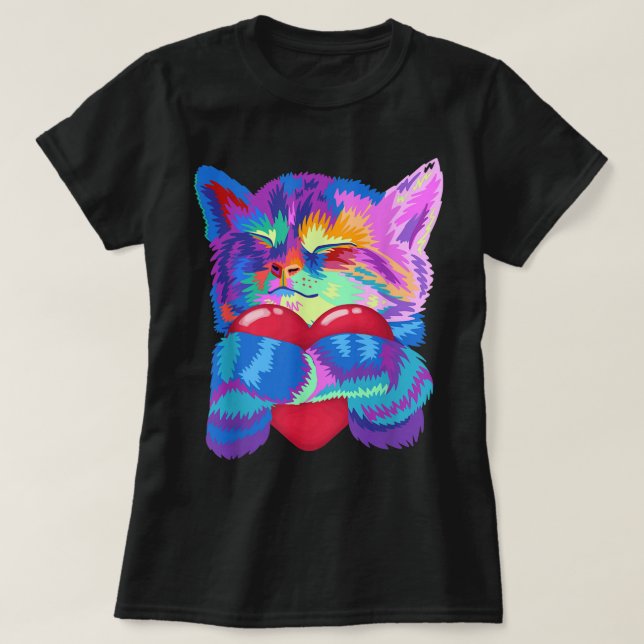 Colorful Cat Hugging Heart Art T-Shirt (Design Front)