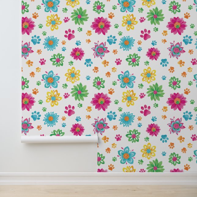 Colorful Cat Paw and Flower Pattern Wallpaper (Application)