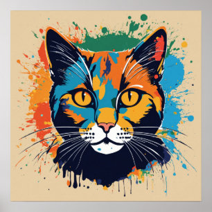 Colorful Cat Silhouette Watercolor Wall Poster