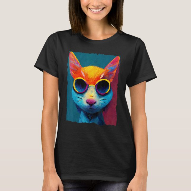 Colorful Cat With Glasses T-Shirt (Front)