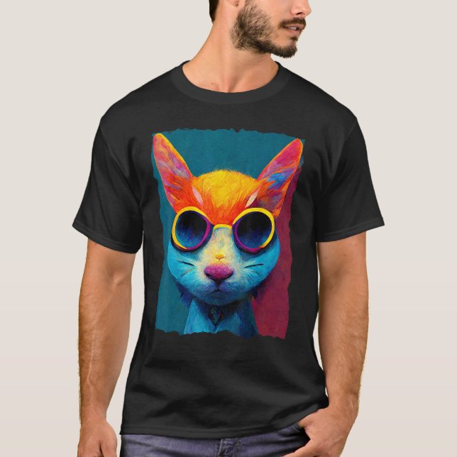 Colorful Cat With Glasses T-Shirt (Front)
