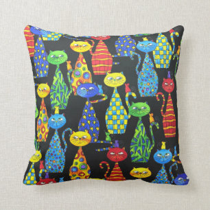 Colorful Cats and Mice Throw Pillow