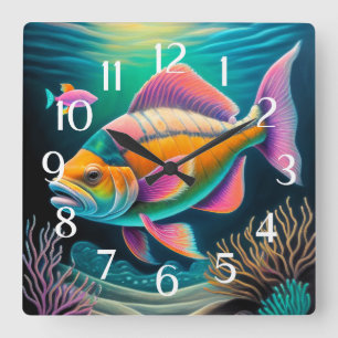 Colorful Chalk Drawing Reef Fish Pink Square Wall Clock