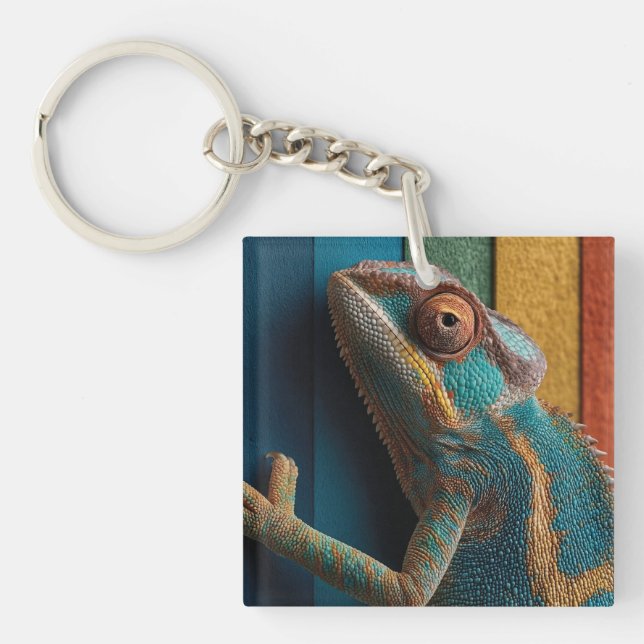 Colorful Chameleon on Rainbow Background Keychain (Front)