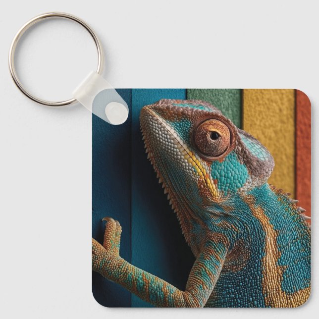 Colorful Chameleon on Rainbow Background Keychain (Front)