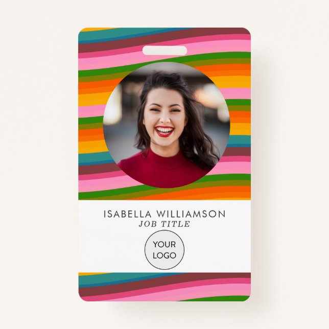 Colorful Cheerful Bright Rainbow Wave Photo ID Badge (Front)