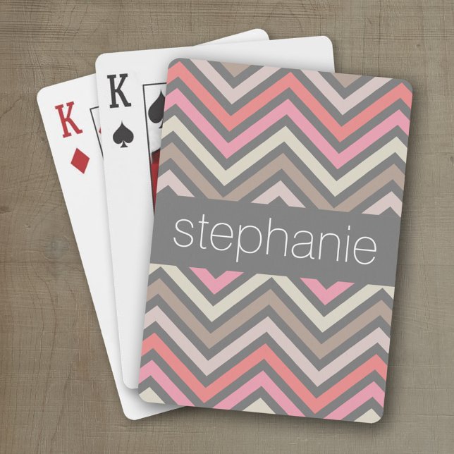 Colorful Chevrons Pink Coral Gray Custom Name Playing Cards (Personalized playing cards with a fun area to add text such as a name or monogram)