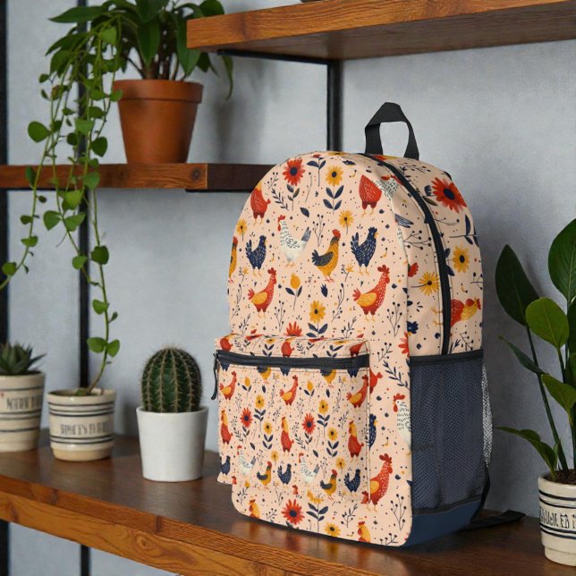 Colorful Chicken Art Pattern Background Printed Backpack (Side mesh pocket angle)