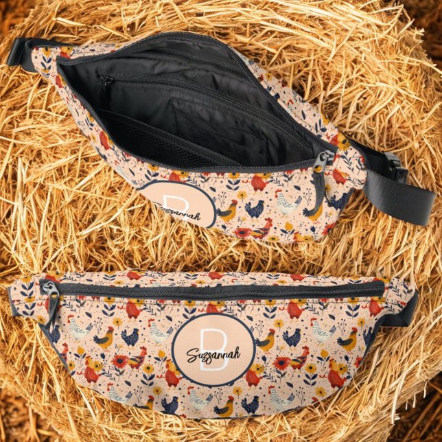 Colorful Chicken Art Pattern with Initial Monogram (front and inside view of chicken pattern fanny pack)