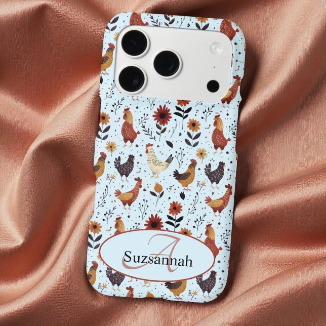 Colorful Chicken Pattern Initial Monogram  (iPhone back with template initial monogram and name)