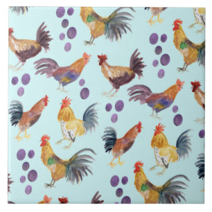 Colorful Chickens & Eggs Pattern Watercolor Blue Tile