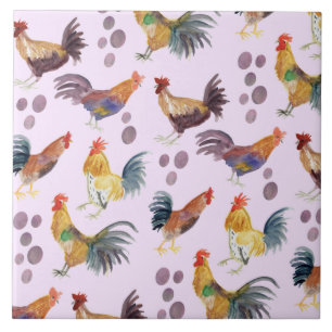 Colorful Chickens & Eggs Pattern Watercolor Purple Tile