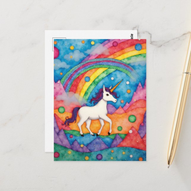 Colorful Childlike Fantasy Unicorn Postcard (Front/Back In Situ)