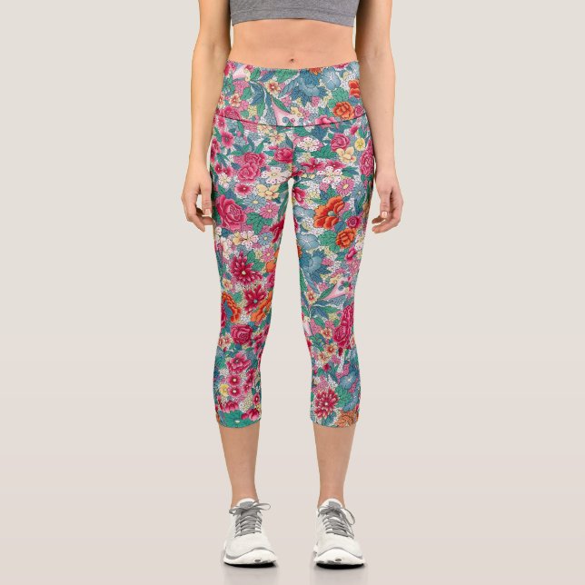 Colorful Chinese Floral Pattern Capri Leggings (Front)