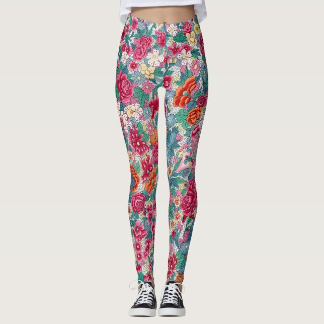 Colorful Chinese Floral Pattern Leggings (Front)