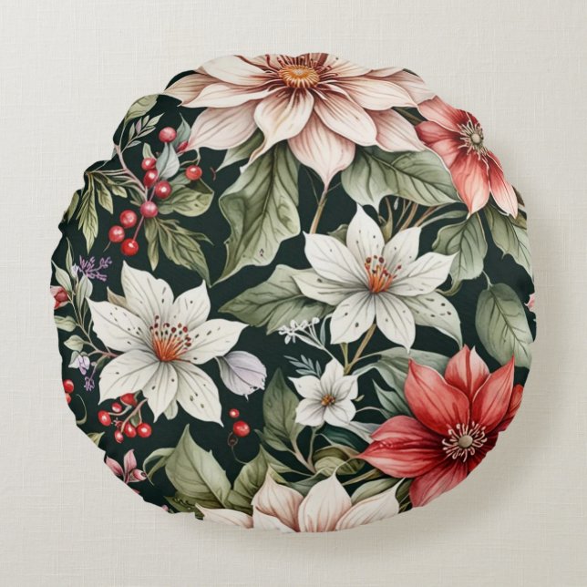 Colorful Christmas Flowers Elegant Black Round Pillow (Front)