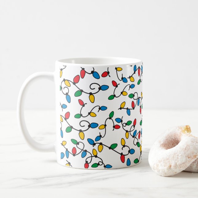 Colorful Christmas Lights Pattern Fun Holiday Mug (With Donut)