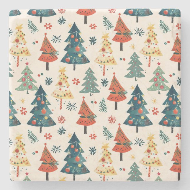 Colorful Christmas Pine Trees Seamless Pattern Stone Coaster (Front)