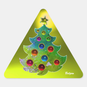 COLORFUL CHRISTMAS TREE IN GREEN GOLD SPARKLES TRIANGLE STICKER