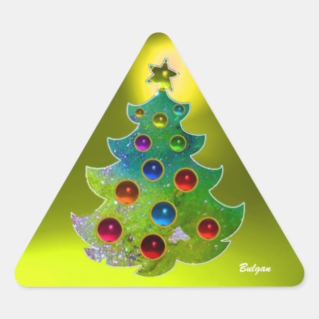 COLORFUL CHRISTMAS TREE IN GREEN GOLD SPARKLES TRIANGLE STICKER (Front)