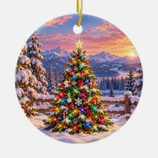Colorful Christmas Tree in Snowy Mountain Setting  Ceramic Ornament