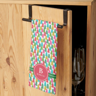 Colorful Christmas Trees Monogram Name   Holiday Kitchen Towel