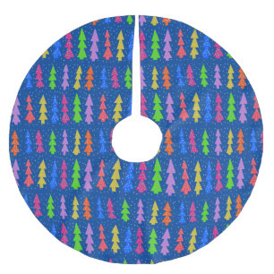 Colorful Christmas Trees on Blue Brushed Polyester Tree Skirt
