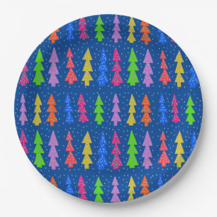 Colorful Christmas Trees on Blue Paper Plate