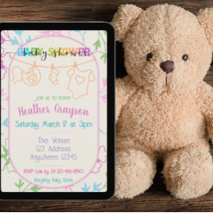 Colorful Clothes with Flowers Baby Shower Invitation