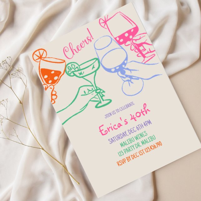 Colorful Cocktail Line Art Birthday Invitation |  (Créateur téléchargé)