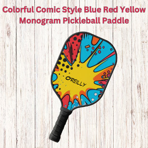 Colorful Comic Style Blue Red Yellow Monogram Pickleball Paddle