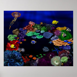 Colorful Coral & Fish Reef Art Poster