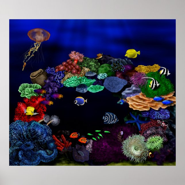 Colorful Coral & Fish Reef Art Poster (Front)