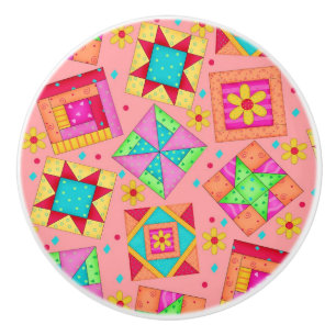 Colorful Coral Orange Quilt Patchwork Block Art Ceramic Knob