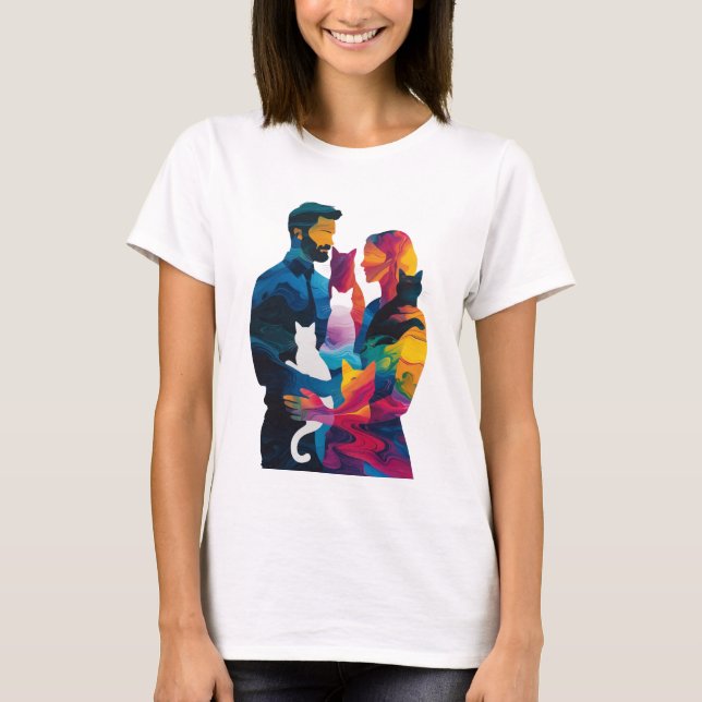 Colorful Couple and Cats Silhouette Art  T-Shirt (Front)