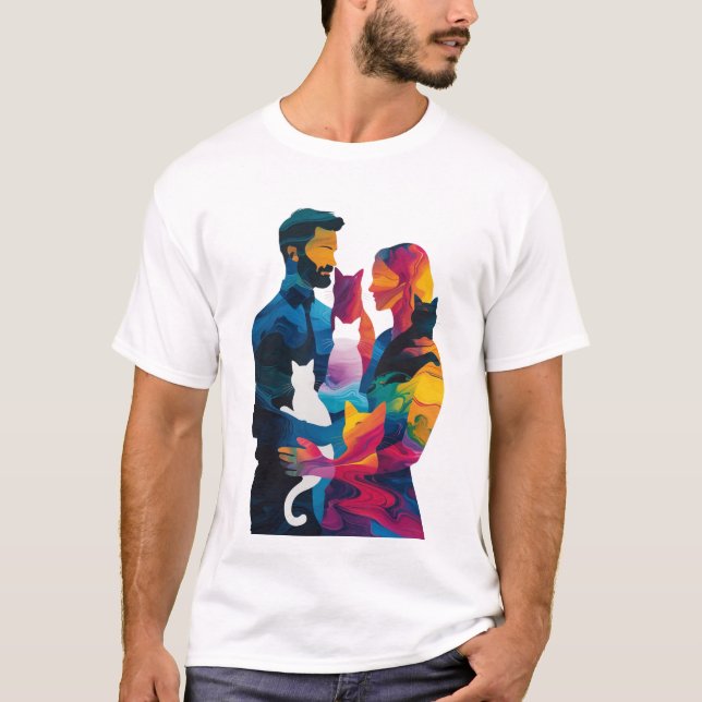 Colorful Couple and Cats Silhouette Art  T-Shirt (Front)