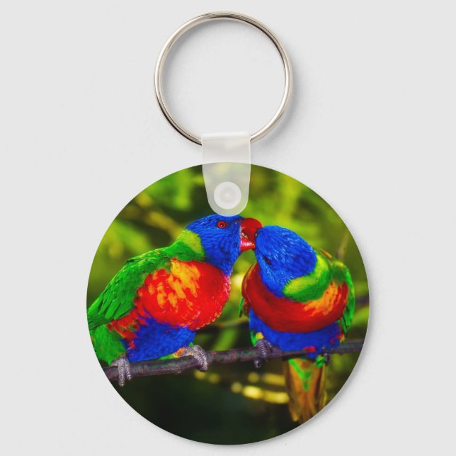 Colorful Couple of Kissing Parrots Keychain (Front)