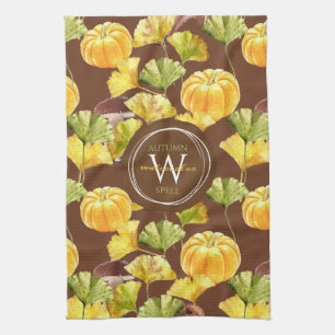 Colorful Cozy Autumn Watercolor Pattern Monogram Kitchen Towel