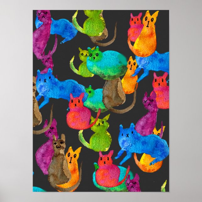 Colorful crazy cats in watercolor poster (Front)