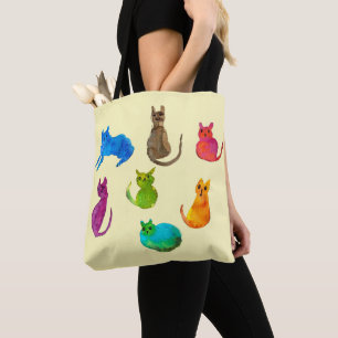 Colorful crazy cats in watercolor tote bag
