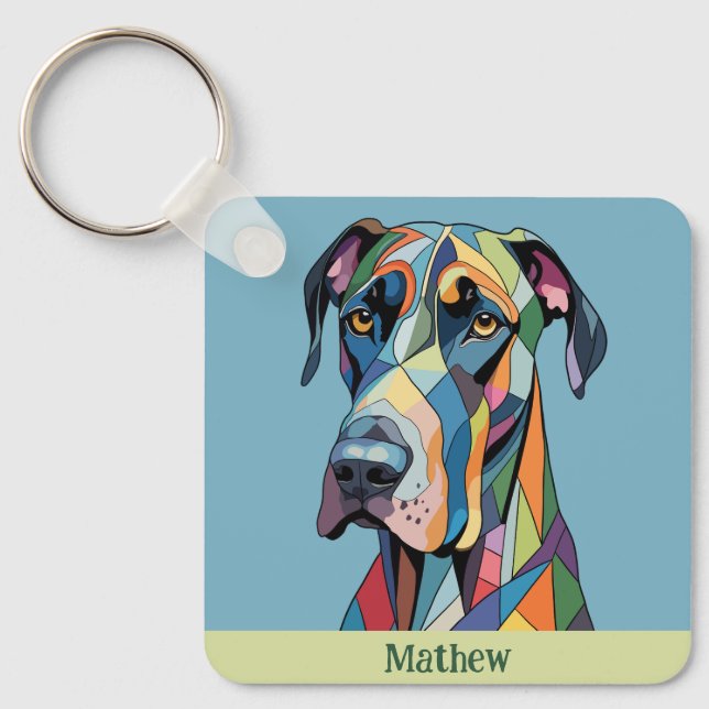 Colorful Cubist Great Dane  Keychain (Front)