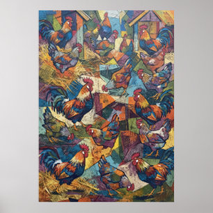 Colorful Cubist Rooster Farmyard Art Poster
